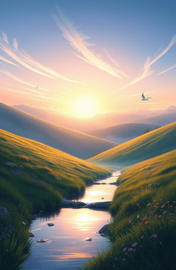 A stunning digital painting capturing a serene morning dawn in the hills, bathed in soft, warm light