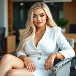 A sweet, innocent young woman with a curvy and voluptuous figure, long blonde hair, and bright light blue eyes, seated gracefully on a chair in a contemporary office environment