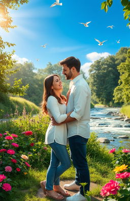 A romantic love couple standing closely together in a picturesque natural setting, surrounded by lush greenery, vibrant flowers, and a serene blue sky