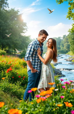 A romantic love couple standing closely together in a picturesque natural setting, surrounded by lush greenery, vibrant flowers, and a serene blue sky