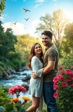 A romantic love couple standing closely together in a picturesque natural setting, surrounded by lush greenery, vibrant flowers, and a serene blue sky