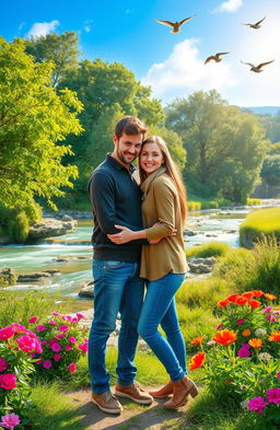 A romantic love couple standing closely together in a picturesque natural setting, surrounded by lush greenery, vibrant flowers, and a serene blue sky