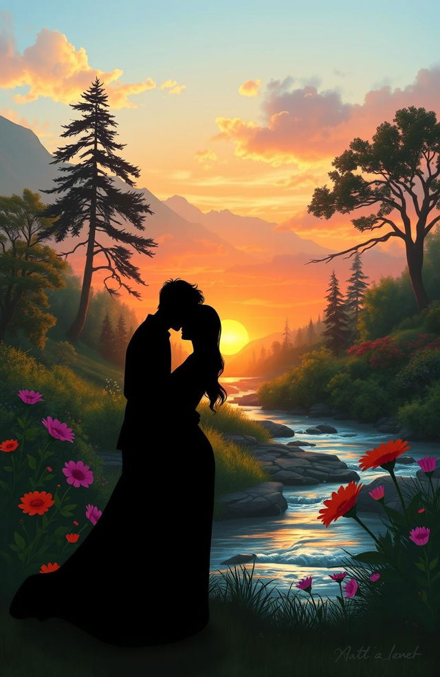 A digital shadow painting of a loving couple embraced in a serene natural setting, surrounded by lush greenery and vibrant flowers