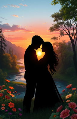 A digital shadow painting of a loving couple embraced in a serene natural setting, surrounded by lush greenery and vibrant flowers