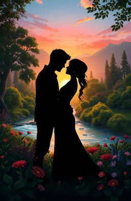 A digital shadow painting of a loving couple embraced in a serene natural setting, surrounded by lush greenery and vibrant flowers