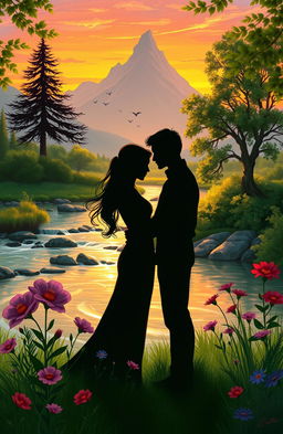 A digital shadow painting of a loving couple embraced in a serene natural setting, surrounded by lush greenery and vibrant flowers