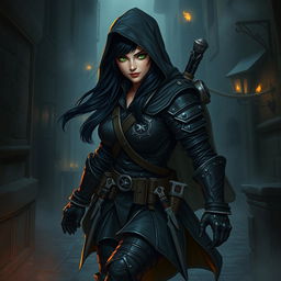 A female rogue character, clad in dark leather armor, stealthily navigating through a dimly lit medieval city alley
