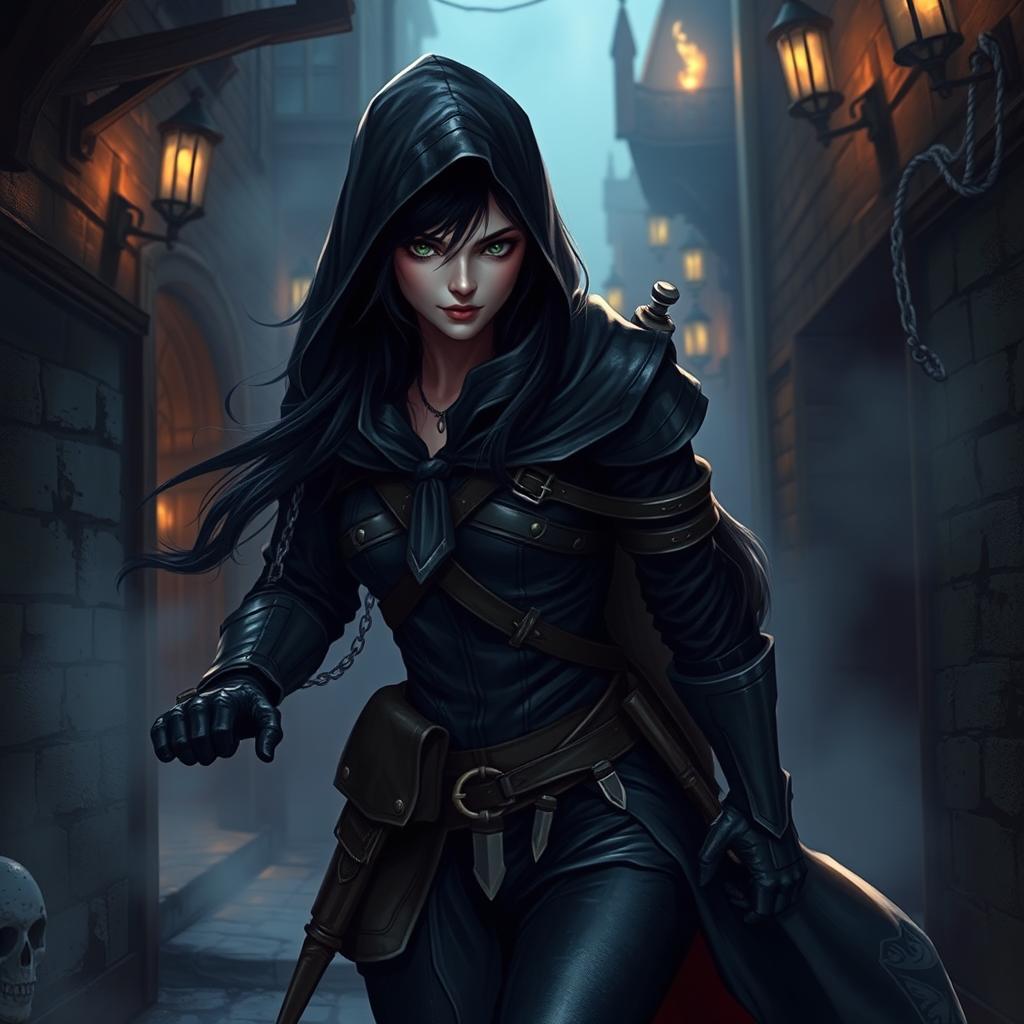 A female rogue character, clad in dark leather armor, stealthily navigating through a dimly lit medieval city alley