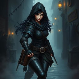 A female rogue character, clad in dark leather armor, stealthily navigating through a dimly lit medieval city alley