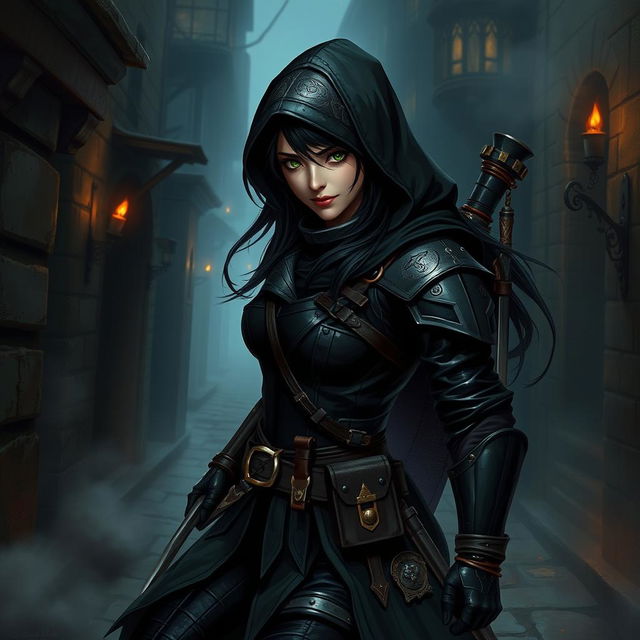 A female rogue character, clad in dark leather armor, stealthily navigating through a dimly lit medieval city alley