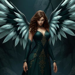 A powerful and imposing female character with large white and black wings extended behind her, long curly dark brown hair cascading down her shoulders