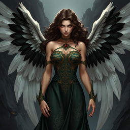 A powerful and imposing female character with large white and black wings extended behind her, long curly dark brown hair cascading down her shoulders