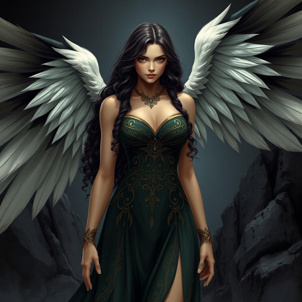 A powerful and imposing female character with large white and black wings extended behind her, long curly dark brown hair cascading down her shoulders