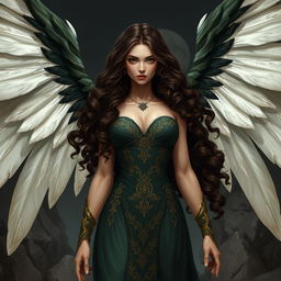 A powerful and imposing female character with large white and black wings extended behind her, long curly dark brown hair cascading down her shoulders