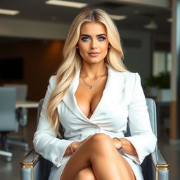 A charming and innocent young woman with a curvy and voluptuous figure, long blonde hair, and striking light blue eyes, seated gracefully on a chair in a modern office environment