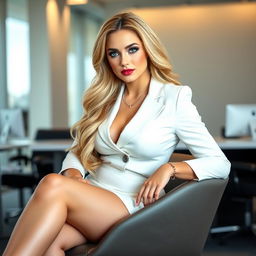 A charming young woman with a curvy and voluptuous figure, long blonde hair, and bright light blue eyes, seated on a chair in a modern office environment