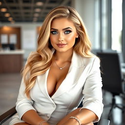 A charming young woman with a curvy and voluptuous figure, long blonde hair, and bright light blue eyes, seated on a chair in a modern office environment