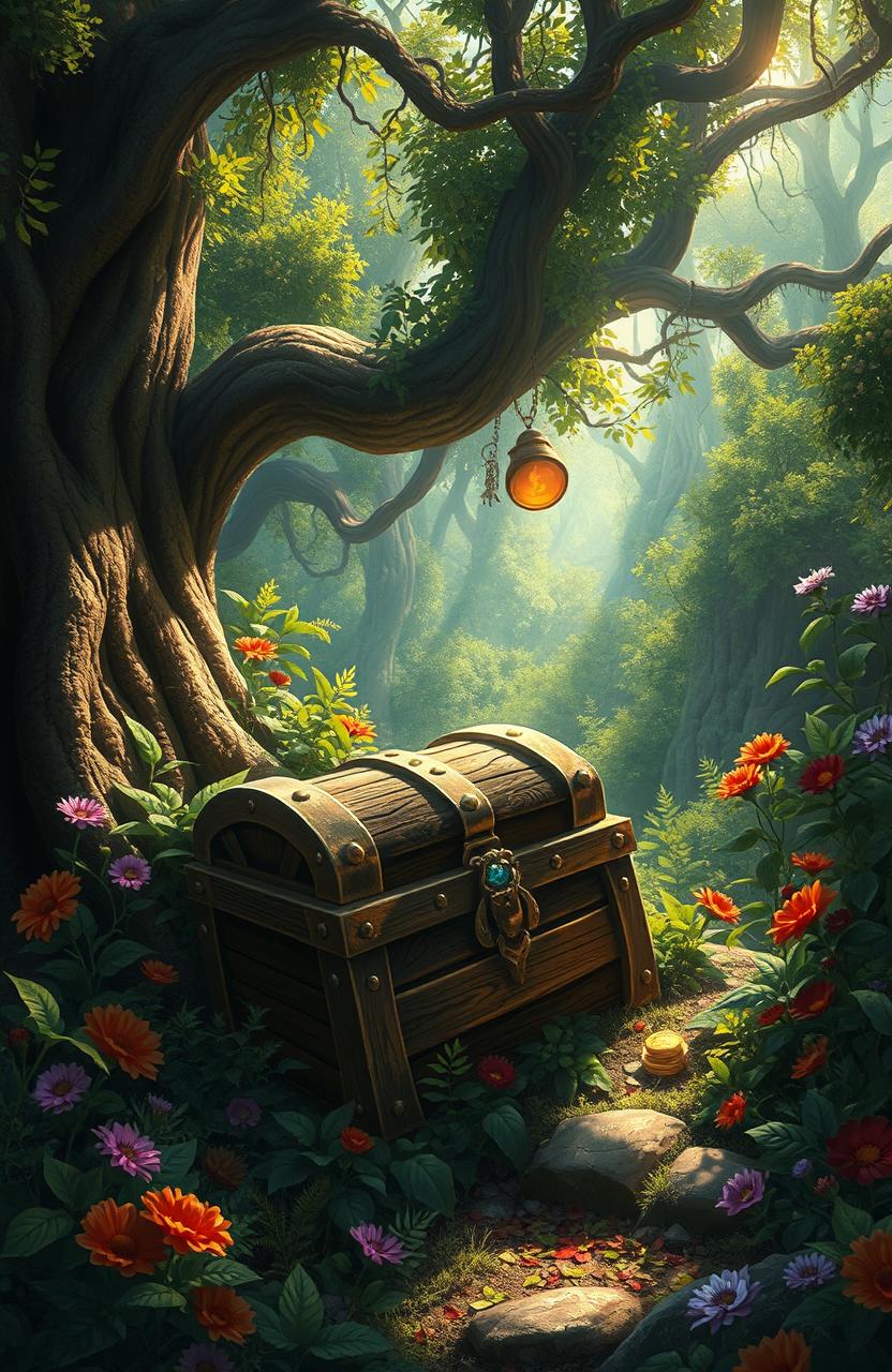 A captivating digital painting of a mysterious treasure chest partially buried in a lush, vibrant forest