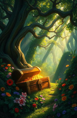 A captivating digital painting of a mysterious treasure chest partially buried in a lush, vibrant forest
