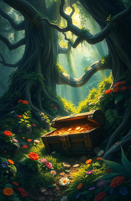 A captivating digital painting of a mysterious treasure chest partially buried in a lush, vibrant forest