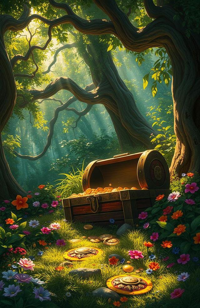 A captivating digital painting of a mysterious treasure chest partially buried in a lush, vibrant forest