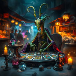 A Thri-kreen fortune teller, sitting at a mystical, dimly lit table adorned with various colorful tarot cards, crystals, and intricate trinkets