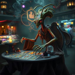 A Thri-kreen fortune teller, sitting at a mystical, dimly lit table adorned with various colorful tarot cards, crystals, and intricate trinkets