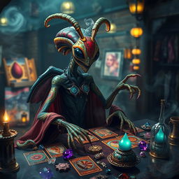 A Thri-kreen fortune teller, sitting at a mystical, dimly lit table adorned with various colorful tarot cards, crystals, and intricate trinkets