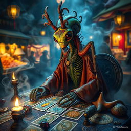 A Thri-kreen fortune teller, sitting at a mystical, dimly lit table adorned with various colorful tarot cards, crystals, and intricate trinkets