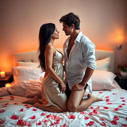 A romantic and intimate setting featuring a couple in a warmly lit bedroom