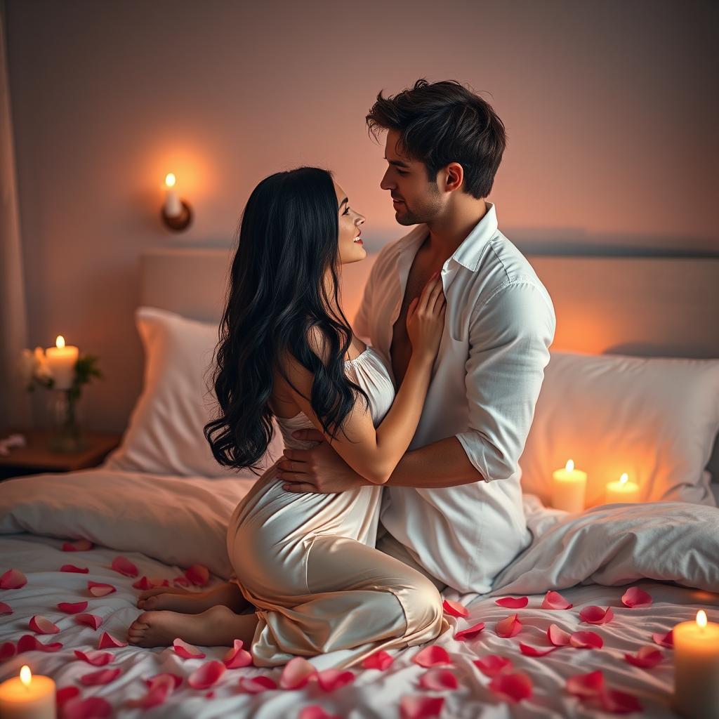 A romantic and intimate setting featuring a couple in a warmly lit bedroom