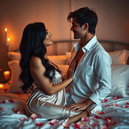 A romantic and intimate setting featuring a couple in a warmly lit bedroom