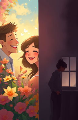 A digital painting depicting two phases of a love story of a person