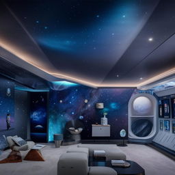 A spacious living room with a space-themed interior design, including wall art of galaxies and stars, space-themed decor items, and futuristic furniture.