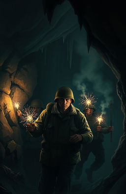 A gripping digital painting depicting a British army team of soldiers equipped with flares in hand, carefully exploring the dark, mysterious interior of a cave
