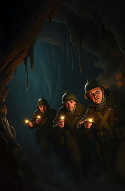 A gripping digital painting depicting a British army team of soldiers equipped with flares in hand, carefully exploring the dark, mysterious interior of a cave