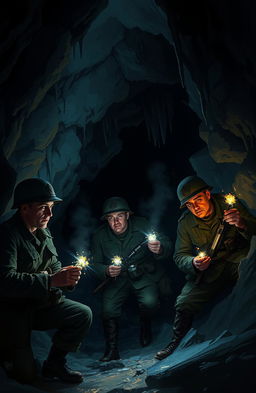 A gripping digital painting depicting a British army team of soldiers equipped with flares in hand, carefully exploring the dark, mysterious interior of a cave