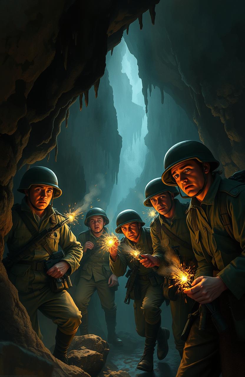 A gripping digital painting depicting a British army team of soldiers equipped with flares in hand, carefully exploring the dark, mysterious interior of a cave