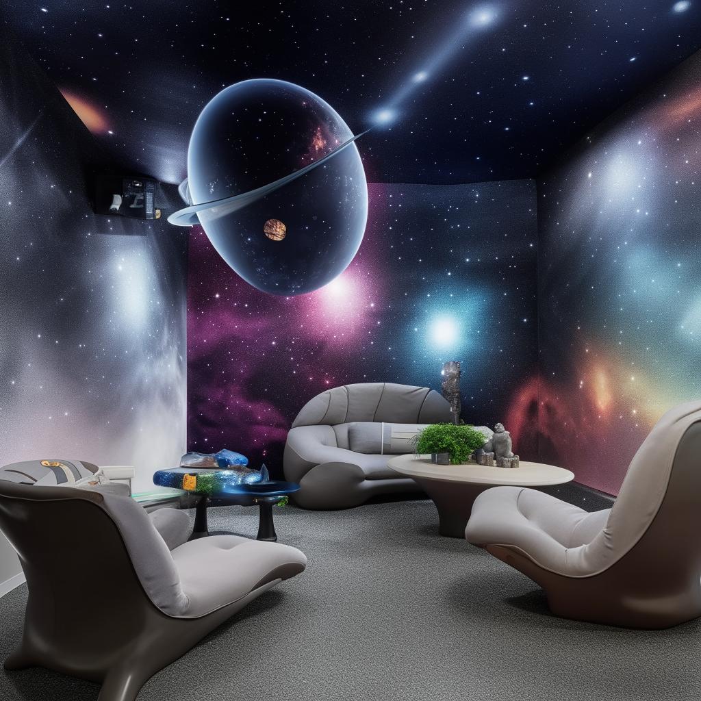 A spacious living room with a space-themed interior design, including wall art of galaxies and stars, space-themed decor items, and futuristic furniture.