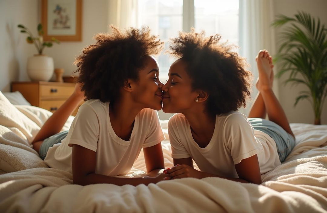 A warm and intimate scene featuring two beautiful black teen girls sharing a deep kiss while lying comfortably on a cozy bed