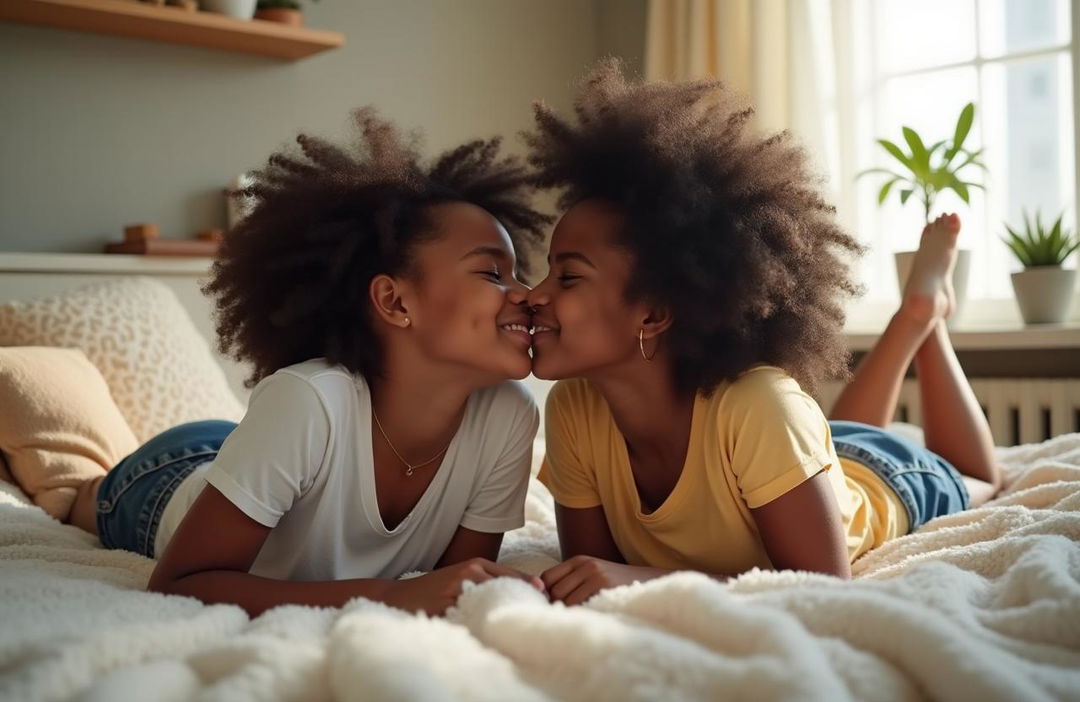 A tender scene of two beautiful black teen girls sharing a deep kiss while lying on a cozy bed