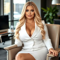An innocent and beautiful 25-year-old woman, plump and curvaceous, with long luxurious blonde hair and captivating light blue eyes