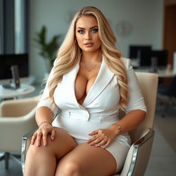An innocent and beautiful 25-year-old woman, plump and curvaceous, with long luxurious blonde hair and captivating light blue eyes