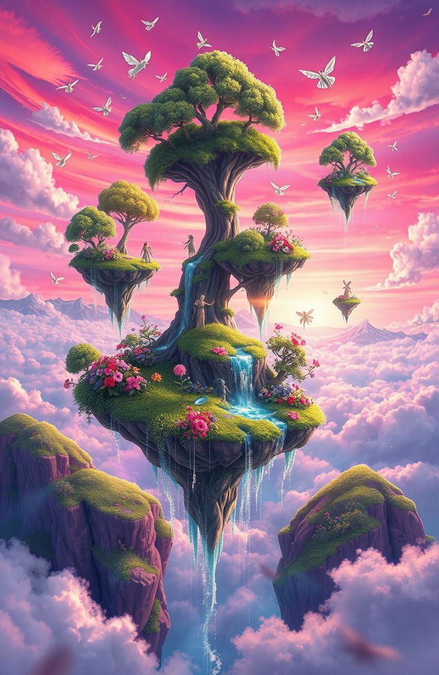 A vibrant digital painting depicting a surreal dream world above the sky, filled with floating islands adorned with lush green trees, colorful flowers, and sparkling waterfalls cascading down into fluffy clouds