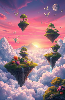 A vibrant digital painting depicting a surreal dream world above the sky, filled with floating islands adorned with lush green trees, colorful flowers, and sparkling waterfalls cascading down into fluffy clouds