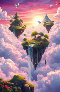 A vibrant digital painting depicting a surreal dream world above the sky, filled with floating islands adorned with lush green trees, colorful flowers, and sparkling waterfalls cascading down into fluffy clouds