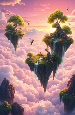 A vibrant digital painting depicting a surreal dream world above the sky, filled with floating islands adorned with lush green trees, colorful flowers, and sparkling waterfalls cascading down into fluffy clouds