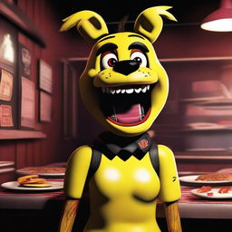 This digital art piece depicts Chica from Five Nights at Freddy's with an added feature - sharp, menacing fangs