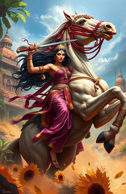 A dynamic digital painting depicting an ancient Indian queen, adorned in vibrant traditional attire with intricate jewelry, confidently battling alongside her powerful horse