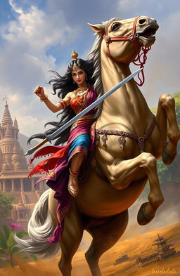 A dynamic digital painting depicting an ancient Indian queen, adorned in vibrant traditional attire with intricate jewelry, confidently battling alongside her powerful horse
